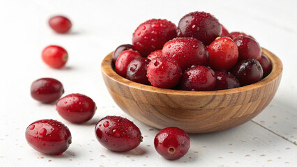 Cranberries in bowl with water drop in white background