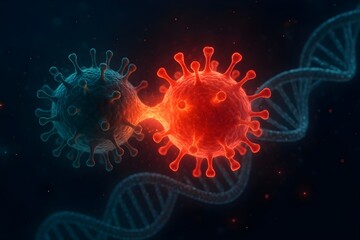 Obraz premium A highly detailed microscopic view of a virus cell with glowing spikes, floating in a dark background. The image shows biological texture.