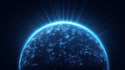Glowing Blue Planet with Digital Effect and Radiating Light Rays in a Dark Space Environment for Futuristic and Sci-Fi Themes