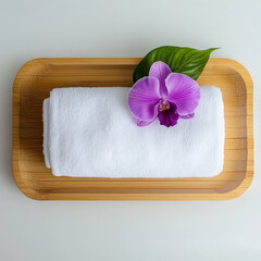 Hotel Welcome Gift Banner A minimal layout with a neatly rolled white towel with a tropical flower on top, placed on a bamboo tray. Warm wood tones, soft white and purple for the flower