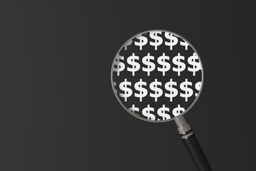 A magnifying glass revealing white dollar signs on a black background. Illustration of the concept of making money, investment, finance and economy