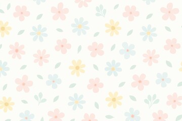 Seamless minimalist floral pattern background with small, scattered daisies and cherry blossoms in soft pastel shades