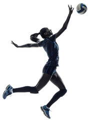 Dynamic Female Volleyball Player Spiking Ball Mid-Air in Studio
Athletic Woman Jumping and Hitting Volleyball, Isolated Action Shot
Powerful Female Athlete During Volleyball Attack, Full Body Jump