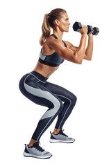 Strong Female Athlete Performing Dumbbell Squat Exercise
Full-Body Studio Shot of Woman Working Out with Weights
Muscular Young Woman Training Legs and Glutes with Dumbbells