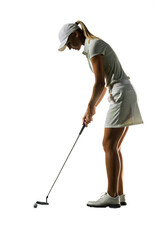 Focused Female Golfer Putting Ball on Green, Full-Body Side View
Woman Athlete Concentrating on a Putt with Golf Club
Side View of Professional Woman Golfer Lining Up a Shot