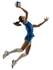 Dynamic Female Volleyball Player Jumping to Spike the Ball
Full-Body Studio Shot of Woman Athlete Hitting Ball Mid-Air
Professional Volleyball Player Executing an Overhand Attack