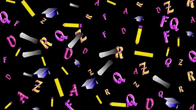 Educational Doodle patterns of falling alphabet letters, pencils, and graduation caps against a dark backdrop