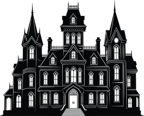 Gothic haunted mansion silhouette, spooky castle vector, eerie architecture, Halloween horror building, dark fantasy tower, vintage haunted house art © Creative Art