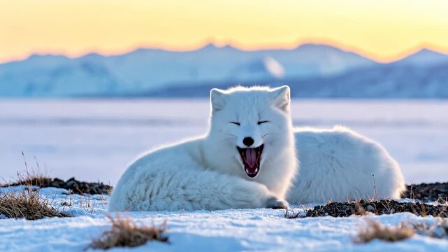 Two arctic foxes resting on snowy ground with mountains in the background at sunset.