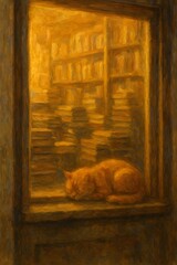 Cozy bookstore window with sleeping ginger cat, warm glow