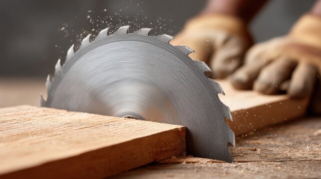 Close-up of Circular Saw Blade Cutting Through Wooden Plank on Workbench in Workshop with Motion Blur and Sawdust for Woodworking Projects - Powered by Adobe