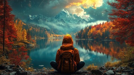 Aerial View of Red Maple Forest, Autumn Landscape for Background Design and Ecotourism Themes