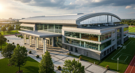 Aerial view of the modern sports arena in gliwice, poland, showcasing its architectural design, green surroundings, and the blend of functionality and aesthetics on a sunny day