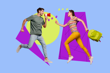 Collage of woman texting man illustrating communication connection through social media dating app...