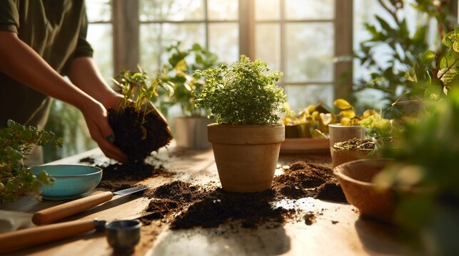 Indoor Gardening Scene with Sunlit Potted Plant and Gardening Tools