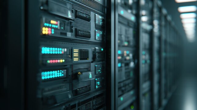 Close-up of modern server racks with illuminated indicators in a data center, showcasing advanced computing technology.
