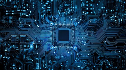 Close-up view of a computer chip with intricate circuitry glowing in blue tones, representing technological advancement.