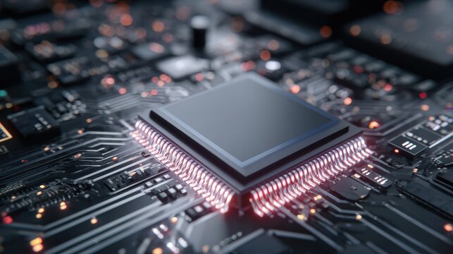 Close-up view of a microprocessor on a circuit board, highlighting electronic components and innovation in tech.