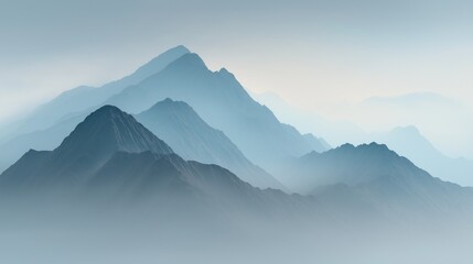 Naklejka premium Minimalist landscape of a mountain range with layers of peaks fading into a soft blue fog, creating a serene and atmospheric scene