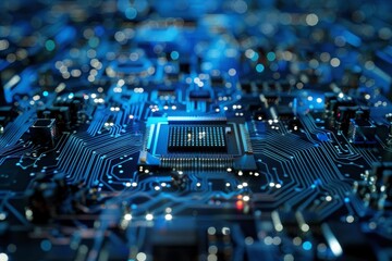 Close up of a cpu processing data on a motherboard, showcasing intricate circuits and glowing components in a striking blue hue