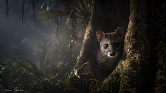 A civet peeks curiously from behind a tree in the early morning forest light, showcasing its alert and cautious nature.