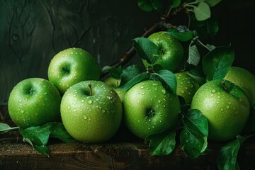 Ripe green apples with leaves and water droplets, creating a fresh and healthy still life on a wooden surface
