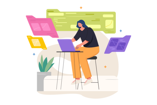 Woman Working at Laptop with Folders on Transparent Background - Powered by Adobe