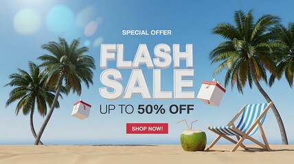 Flash sale promotion with tropical beach background, palm trees, and summer vibes