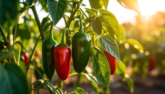 A close-up of vibrant chili peppers on a plant, bathed in golden sunlight, showcasing fresh harvest - Powered by Adobe