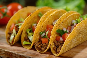 Crunchy tacos filled with ground beef, tomato, onion, lettuce, and cilantro are presented on a wooden board, ready to be enjoyed