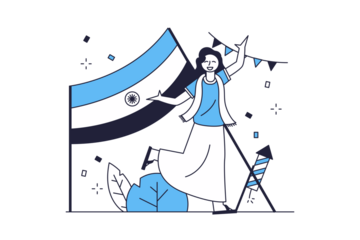 Woman Celebrates with Flag and Bunting in Patriotic Line Art on Transparent Background