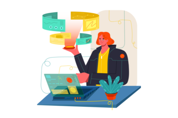 Woman Analyzing Data Hologram Display Using Laptop with Geometric Shapes and Vibrant Colors on Transparent Background