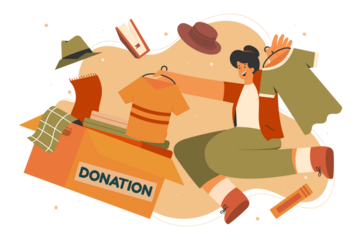 Woman Donating Clothes into Box with Books and Hat in a Transparent Background Volunteerism Charity Concept Illustration in Pixel Art Style