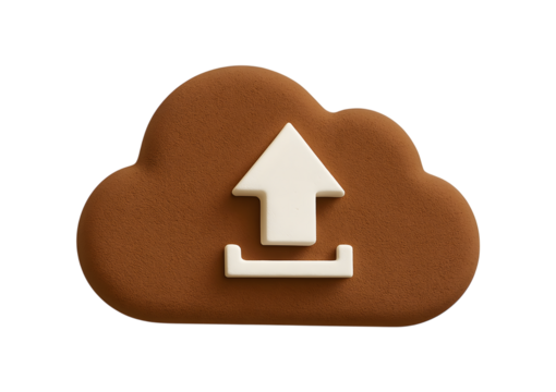 A brown three-dimensional cloud icon featuring a white upload arrow symbol set against a stark black background - Powered by Adobe