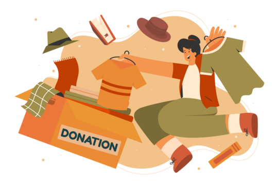 Woman Donating Clothes into Box with Books and Hat in a Transparent Background Volunteerism Charity Concept Illustration in Pixel Art Style
