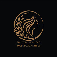 Elegant Beauty Fashion Logo with Woman Silhouette and Leaf Circle Design on Black Background