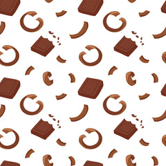 Broken dark chocolate bars and chocolate chips on white background. Vector sweet food illustration for wrapping paper, packaging, confectionery branding