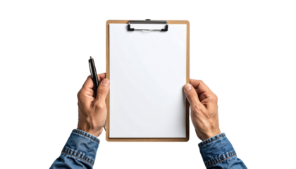 Hands holding clipboard with pen, ready for writing and to record important data