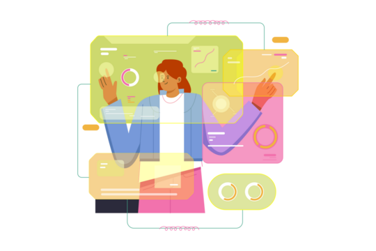 Woman Interacting with Virtual Screen on Transparent Background