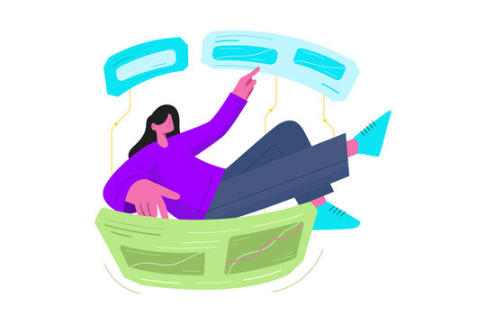 Woman in Purple Shirt Interacting with Floating Blue Interface Elements on a Green Graphical Seat Transparent Background Isolated Digital Art