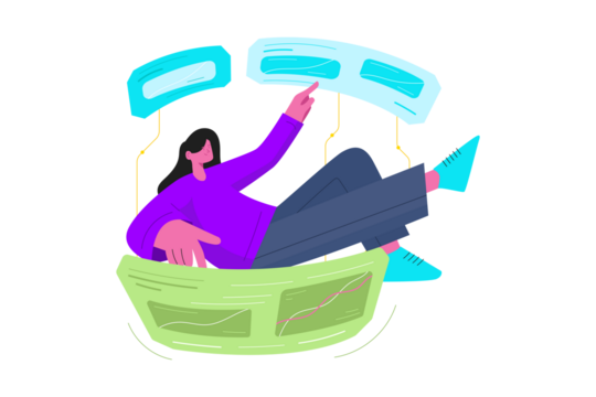 Woman in Purple Shirt Interacting with Floating Blue Interface Elements on a Green Graphical Seat Transparent Background Isolated Digital Art