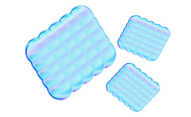 3D Iridescent inflatable mattress floatation pad with quilted air chambers, soft blue tones and glossy sheen evoking relaxation and fun