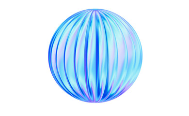 3D Iridescent blue striped sphere, glossy orb with vertical ridges and soft glow, futuristic decorative object evoking calm wonder