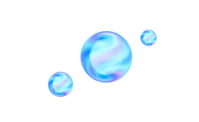 3d Glossy blue bubble with iridescent swirl, floating sphere with smaller bubbles, soft glow and abstract liquid texture