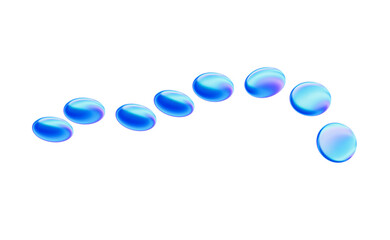 3D Blue glossy liquid droplets arranged in arched line, reflective round beads conveying motion and calm iridescent mood
