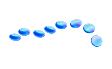 3D Blue glossy liquid droplets arranged in arched line, reflective round beads conveying motion and calm iridescent mood