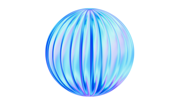 3D Iridescent blue striped sphere, glossy orb with vertical ridges and soft glow, futuristic decorative object evoking calm wonder