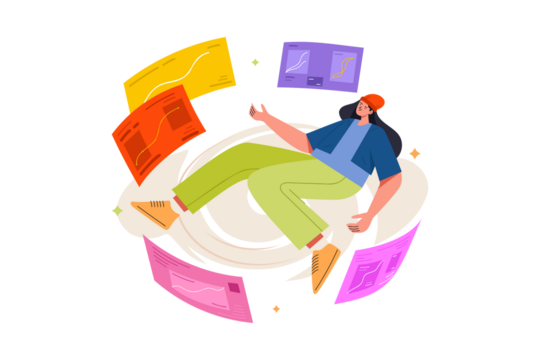 Woman Surrounded By Colorful Digital Documents on White Background With Transparent Space and Red Hat Vector Flat Illustration