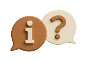 Two textured speech bubbles one brown with an information icon and one white with a question mark symbolize questions and answers