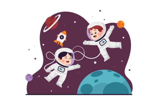 Whimsical Pixel Art of Two Child Astronauts Floating in Space with Rocket and Planets on Transparent Background